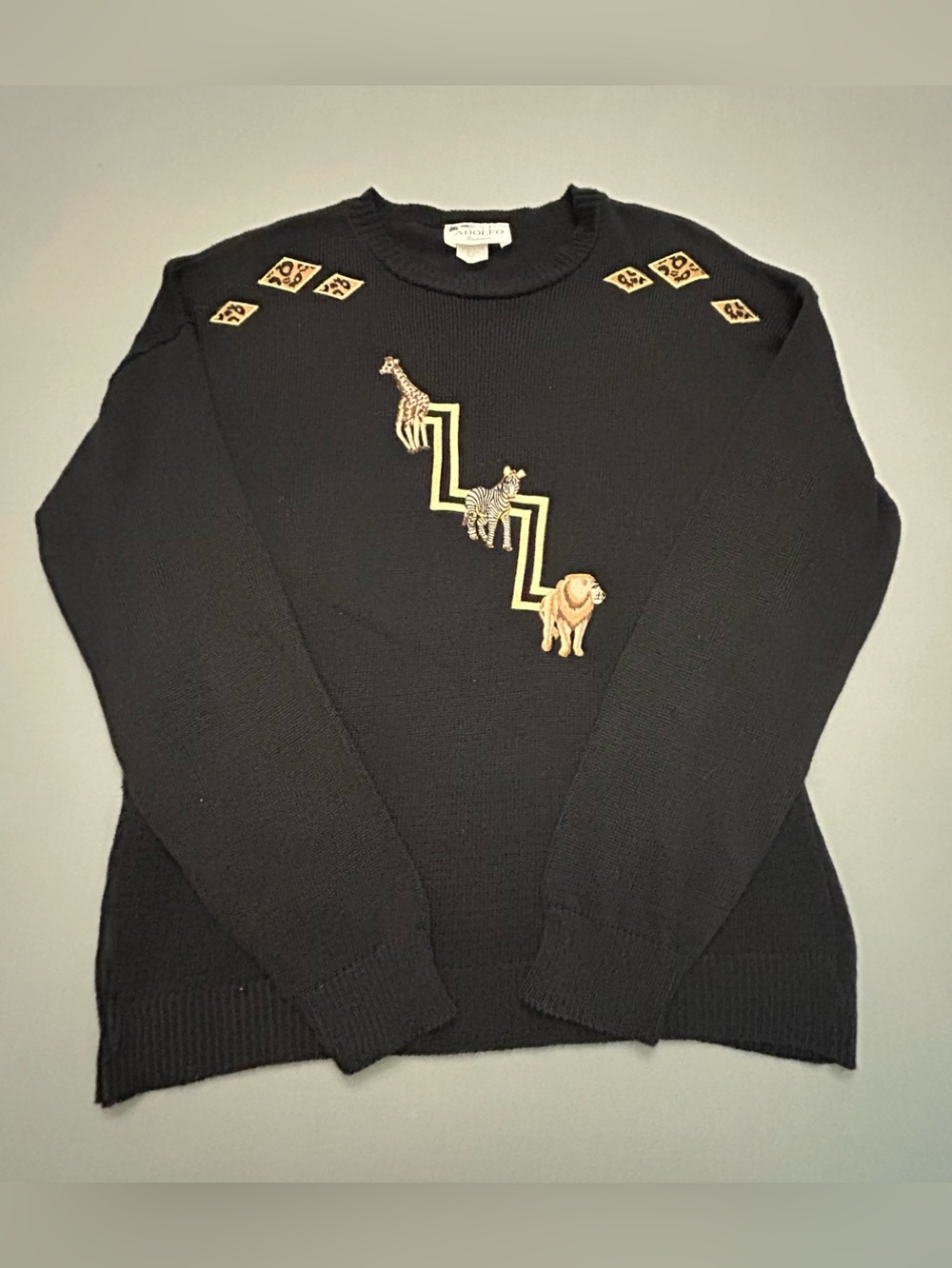 Vintage 1970's Adolfo Black Crewneck Sweater‎ with Animal Embroidery